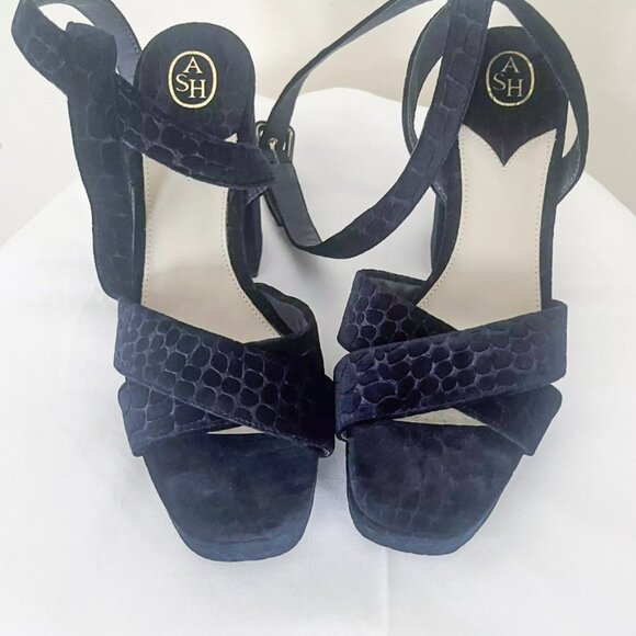 Ash Chunky Platform Sandal Heels - Croc Embossed, Midnight Navy Sz 7.5 - Picture 3 of 5